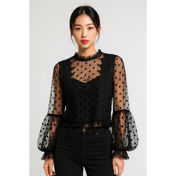 Touch Me Brand Black Sheer Lace Mesh Top Women's M-Swiss Dot Romantic whimsygoth - Picture 1 of 10